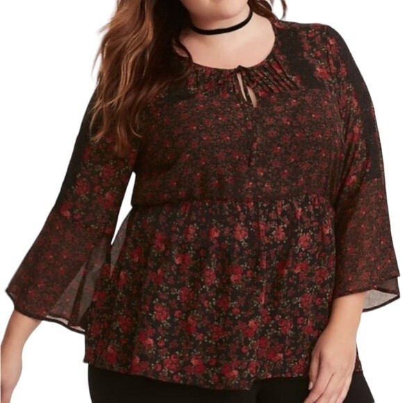 Torrid Dark Floral Print Chiffon Lace Inset Blouse Flare Sleeve Ruffle Tie Neck - Picture 16 of 16